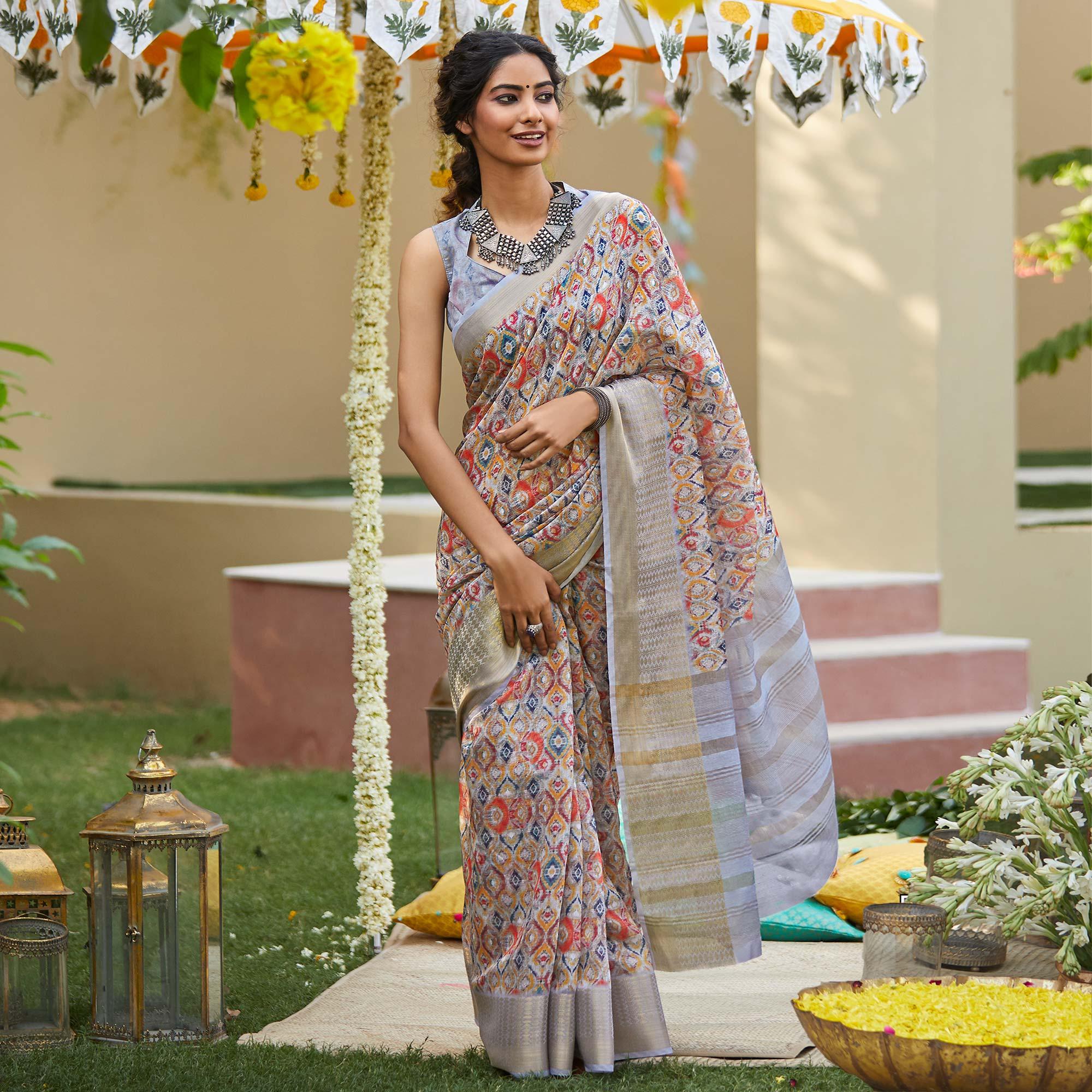 Blooming Light Purple Colored Party Wear Digital Printed Linen Saree - Peachmode