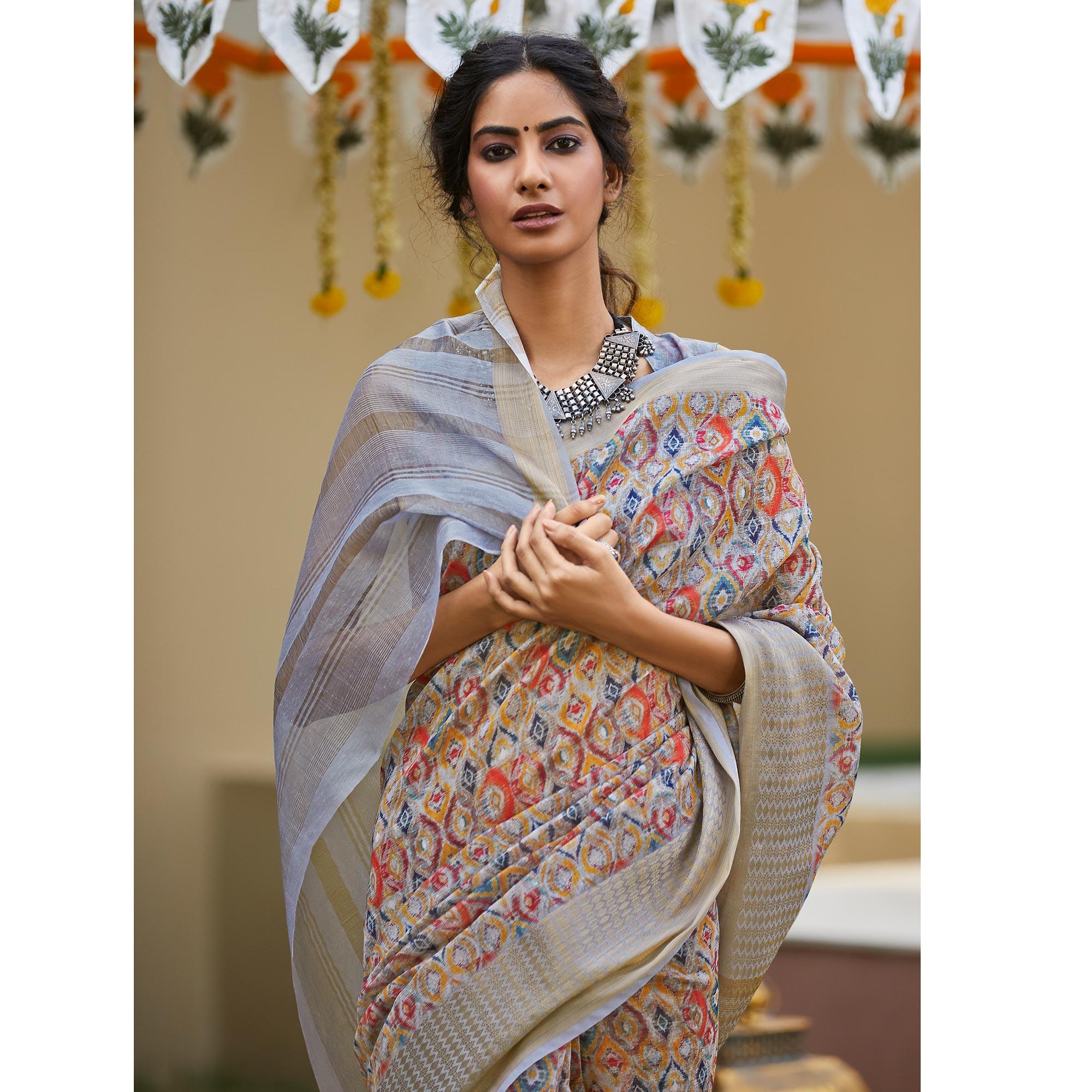 Blooming Light Purple Colored Party Wear Digital Printed Linen Saree - Peachmode