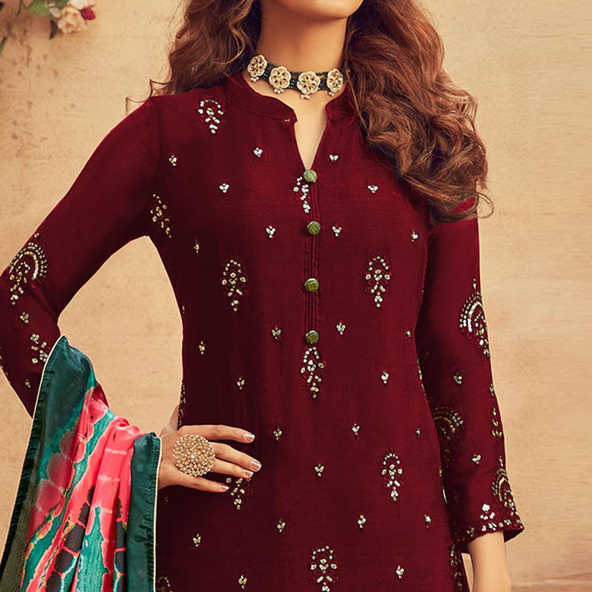 Blooming Maroon Colored Embroidered Designer Partywear Heavy Faux Georgette Suit - Peachmode