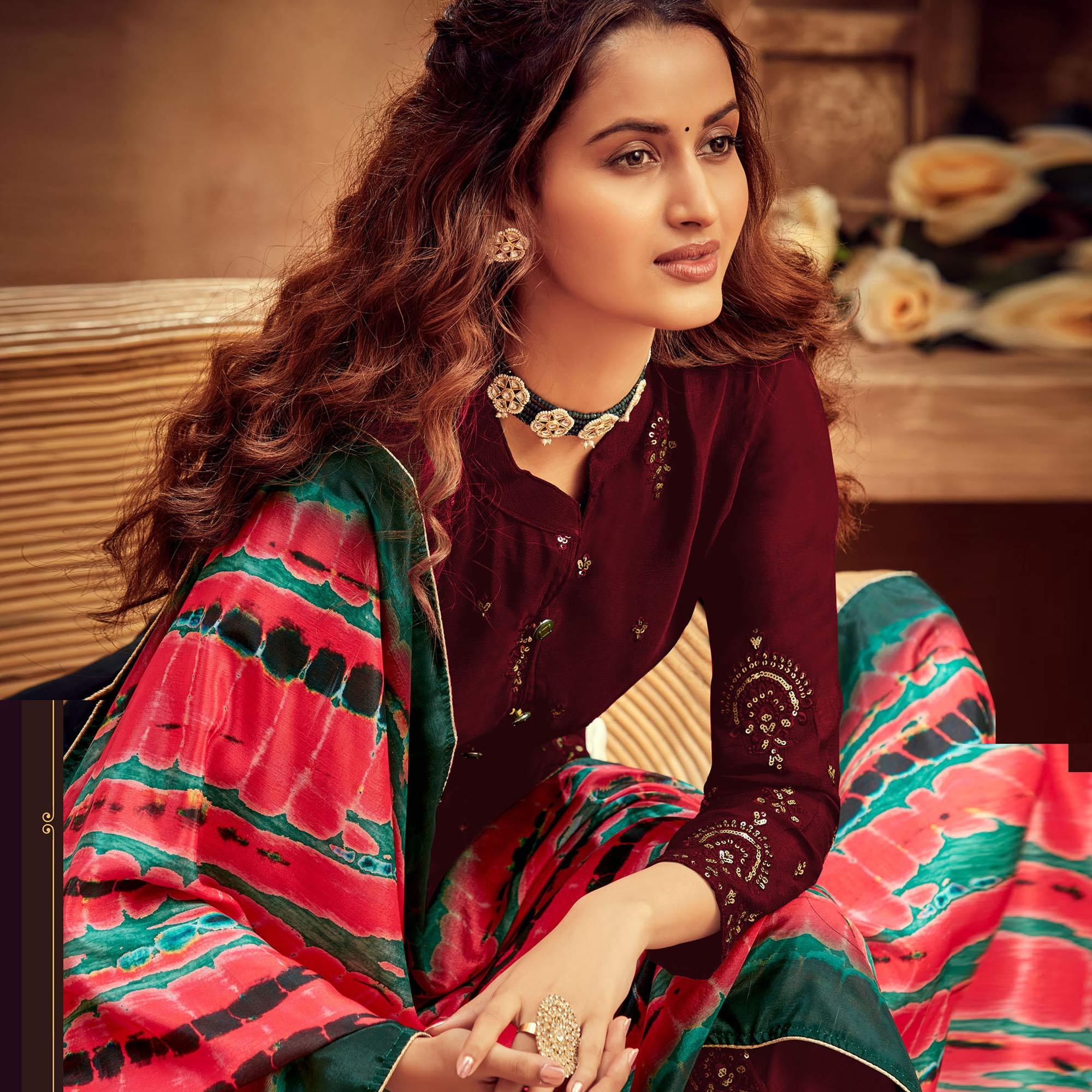 Blooming Maroon Colored Embroidered Designer Partywear Heavy Faux Georgette Suit - Peachmode