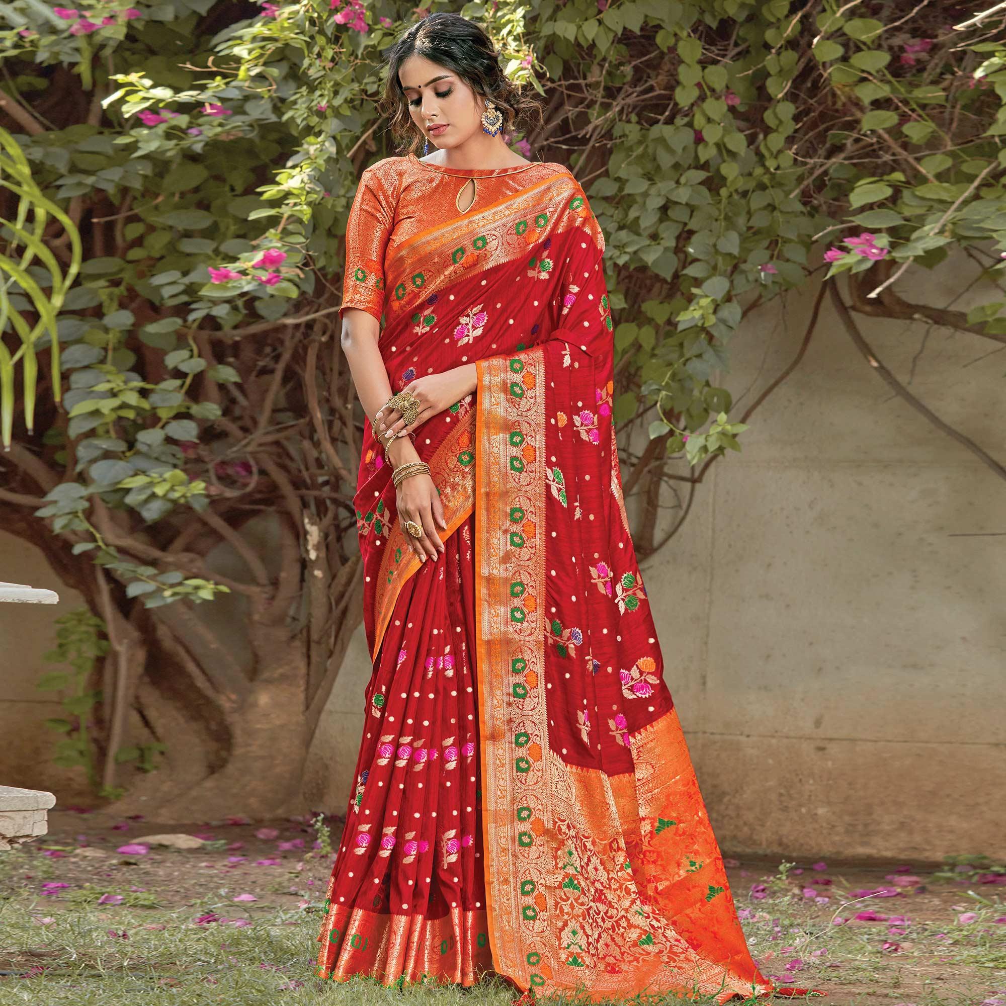 Blooming Maroon Colored Festive Wear Woven Silk Saree - Peachmode