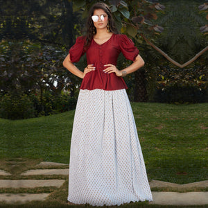 Blooming Maroon-White Colored Casual Wear Printed Western Crop Top - Skirt Set - Peachmode