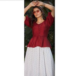 Blooming Maroon-White Colored Casual Wear Printed Western Crop Top - Skirt Set - Peachmode