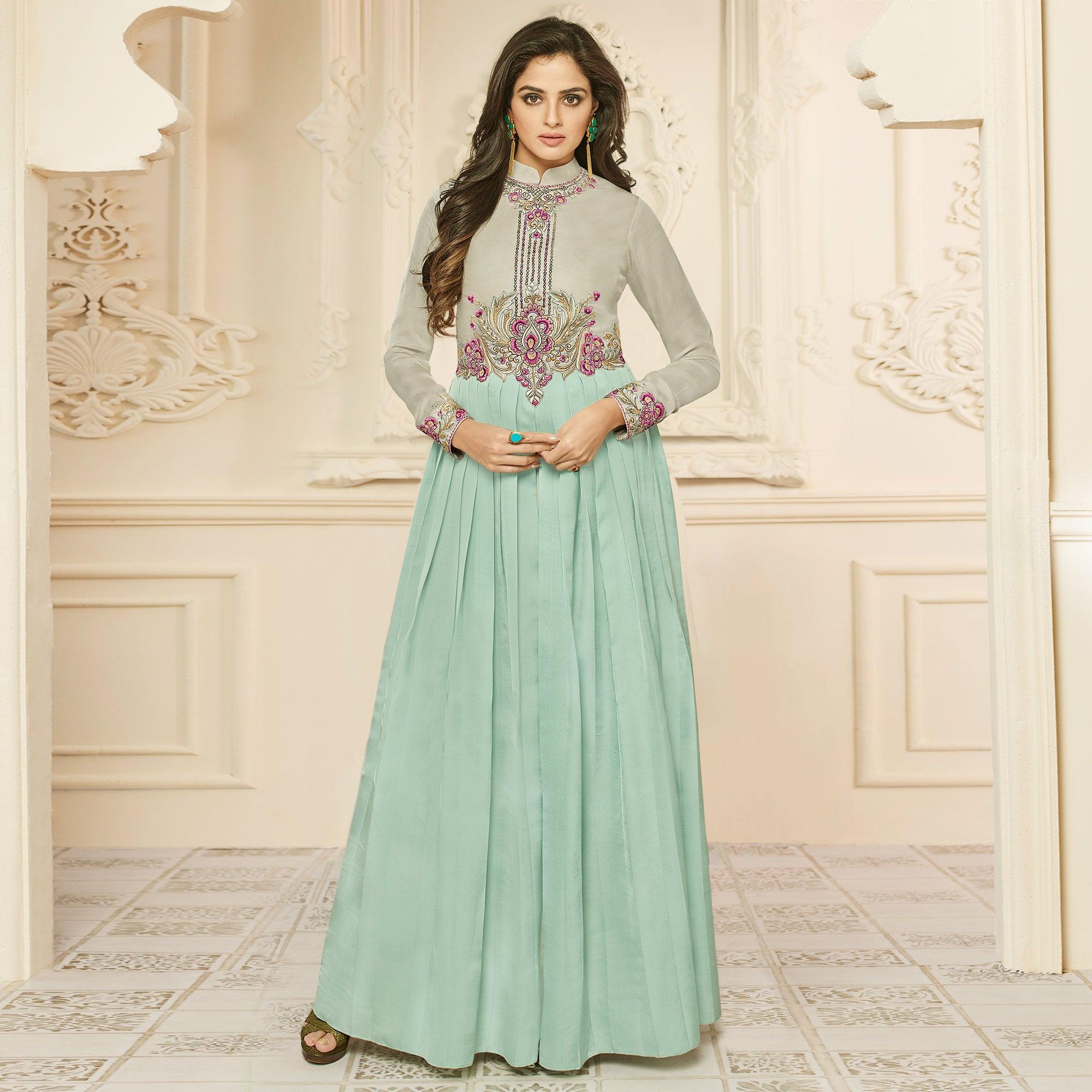 Blooming Mint Green Colored Party Wear Embroidered Satin Silk Gown - Peachmode