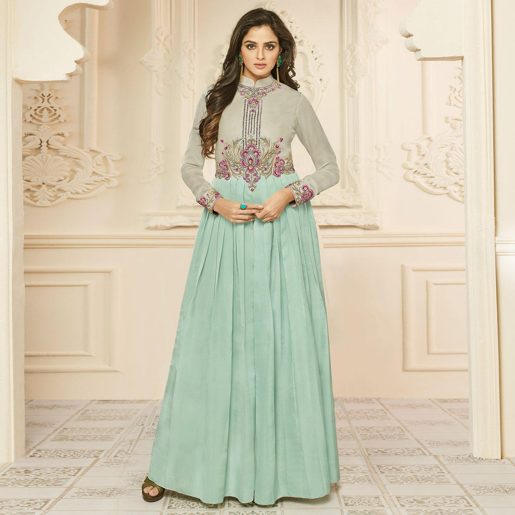 Designer Green Semi Stitched Satin Silk Dress Material Janet24414 –  Ethnic's By Anvi Creations