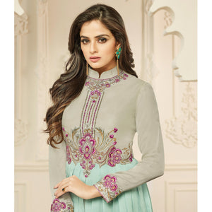 Blooming Mint Green Colored Party Wear Embroidered Satin Silk Gown - Peachmode