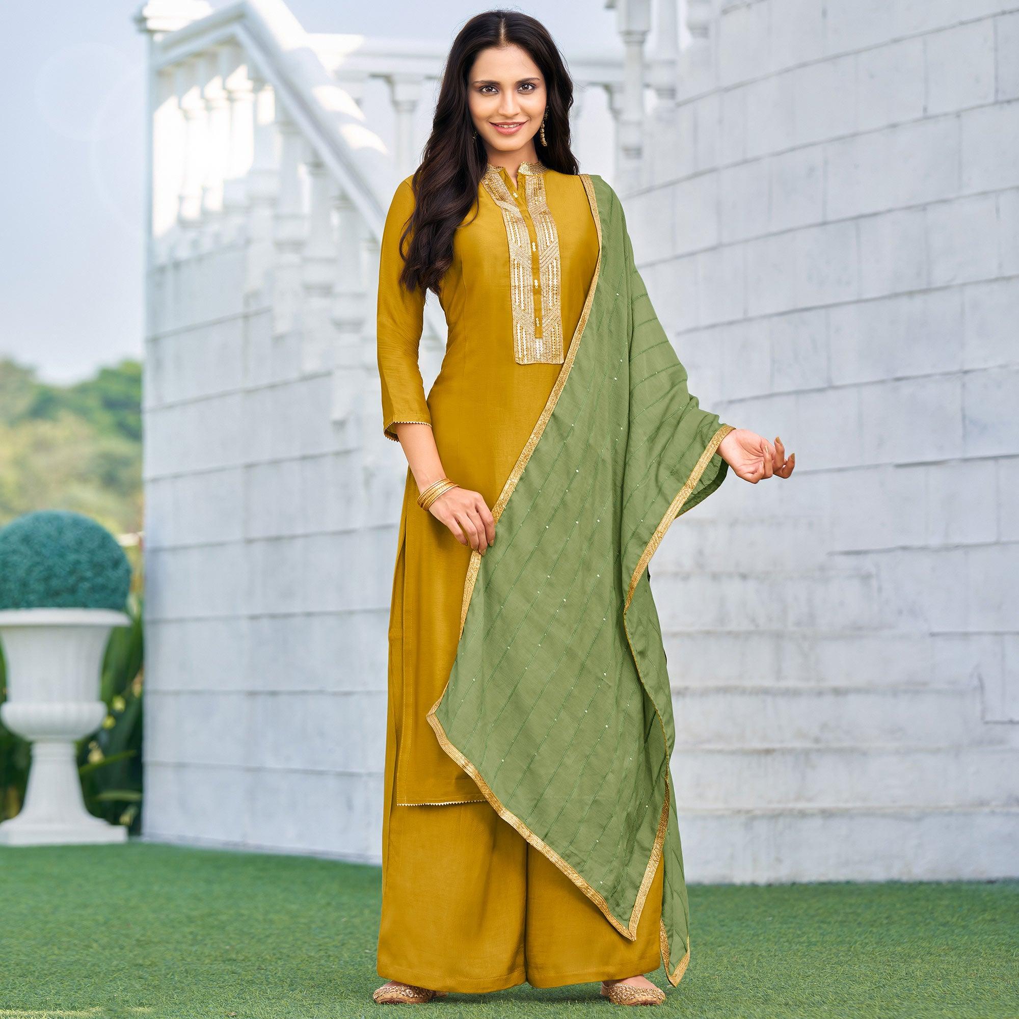 Blooming Mustard Yellow Colored Festive Wear Embroidered Art Silk Dress Material - Peachmode