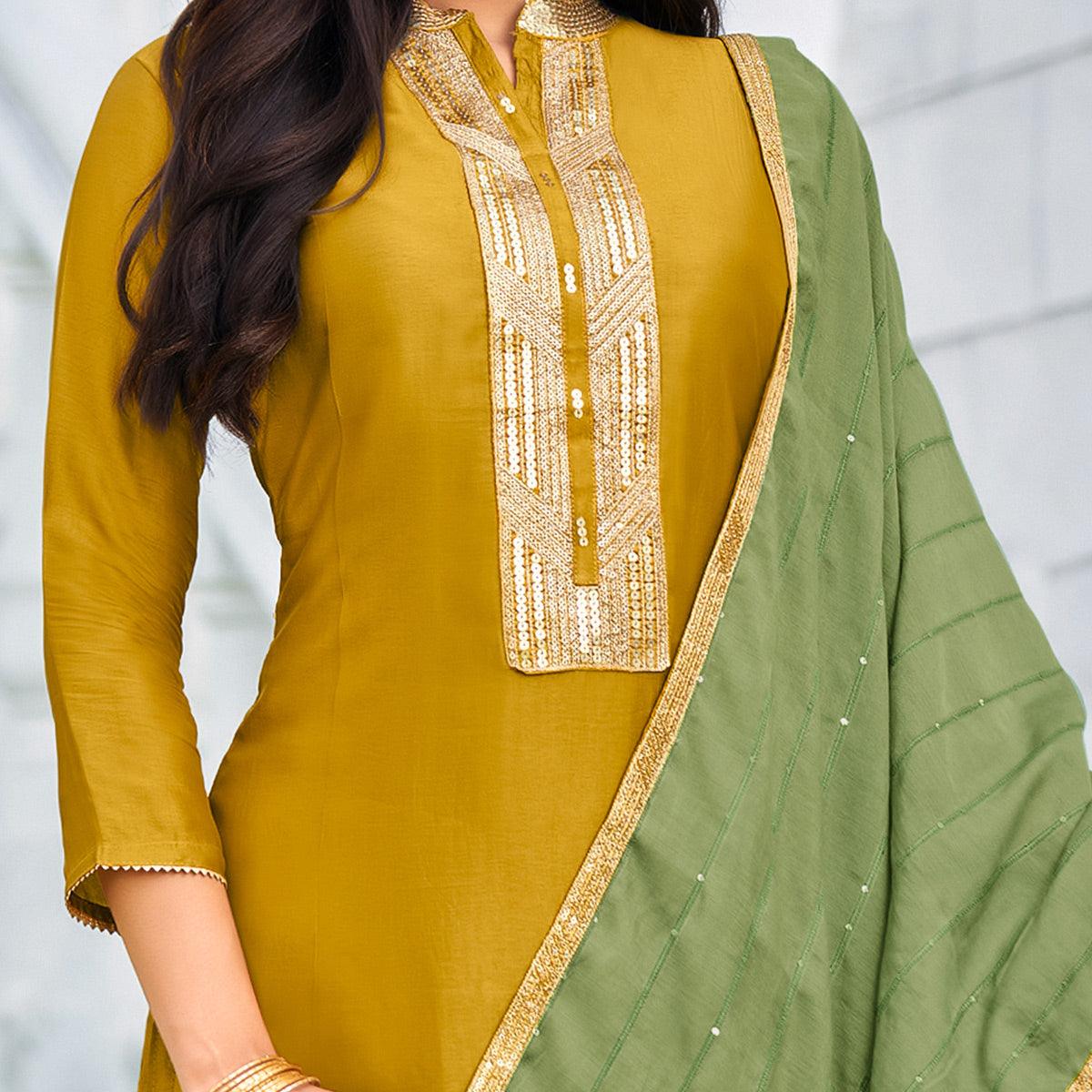 Blooming Mustard Yellow Colored Festive Wear Embroidered Art Silk Dress Material - Peachmode