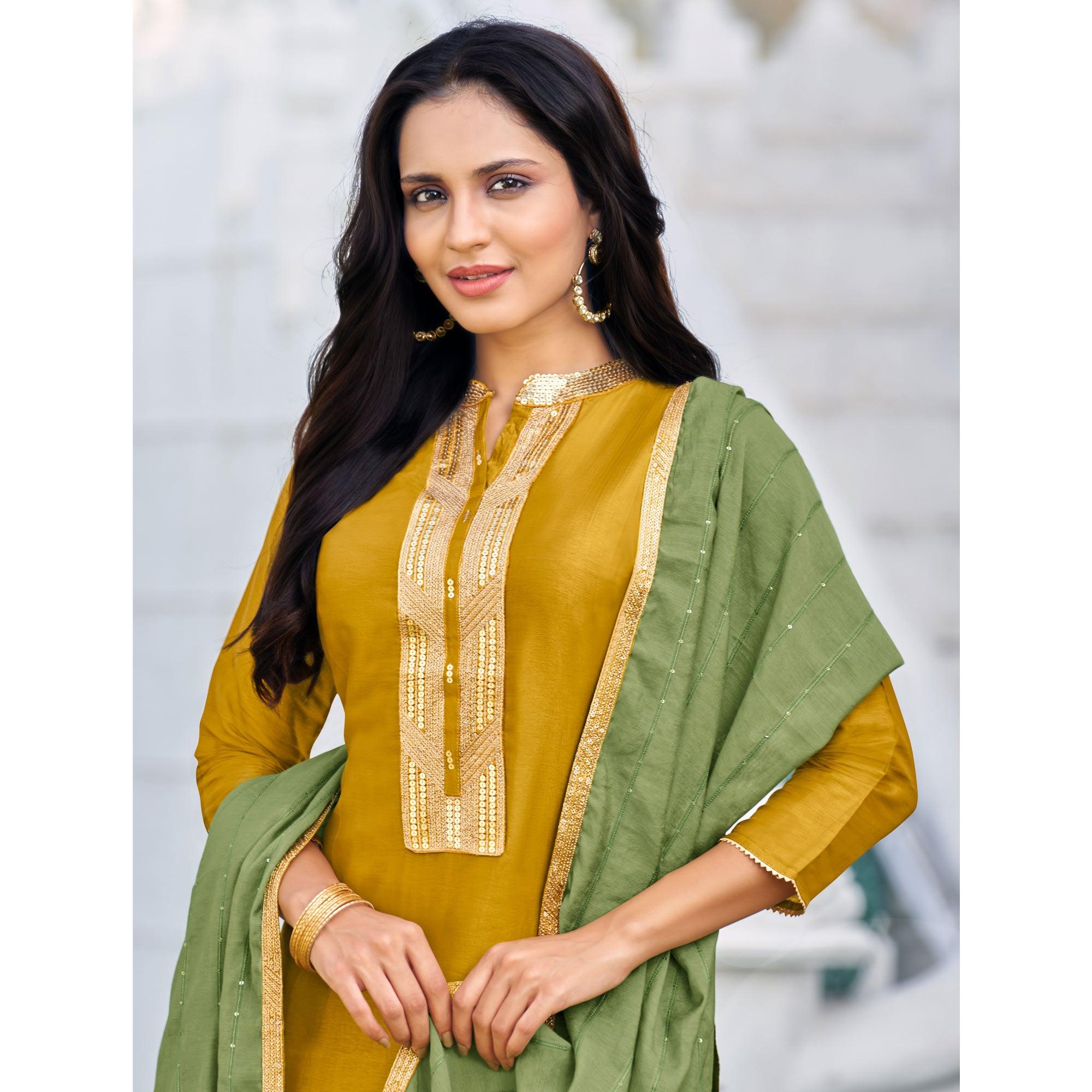 Blooming Mustard Yellow Colored Festive Wear Embroidered Art Silk Dress Material - Peachmode