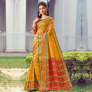 Blooming Mustard Yellow Colored Festive Wear Woven Handloom Silk Saree - Peachmode