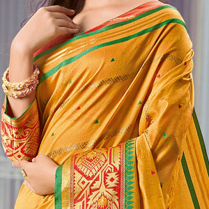 Blooming Mustard Yellow Colored Festive Wear Woven Handloom Silk Saree - Peachmode