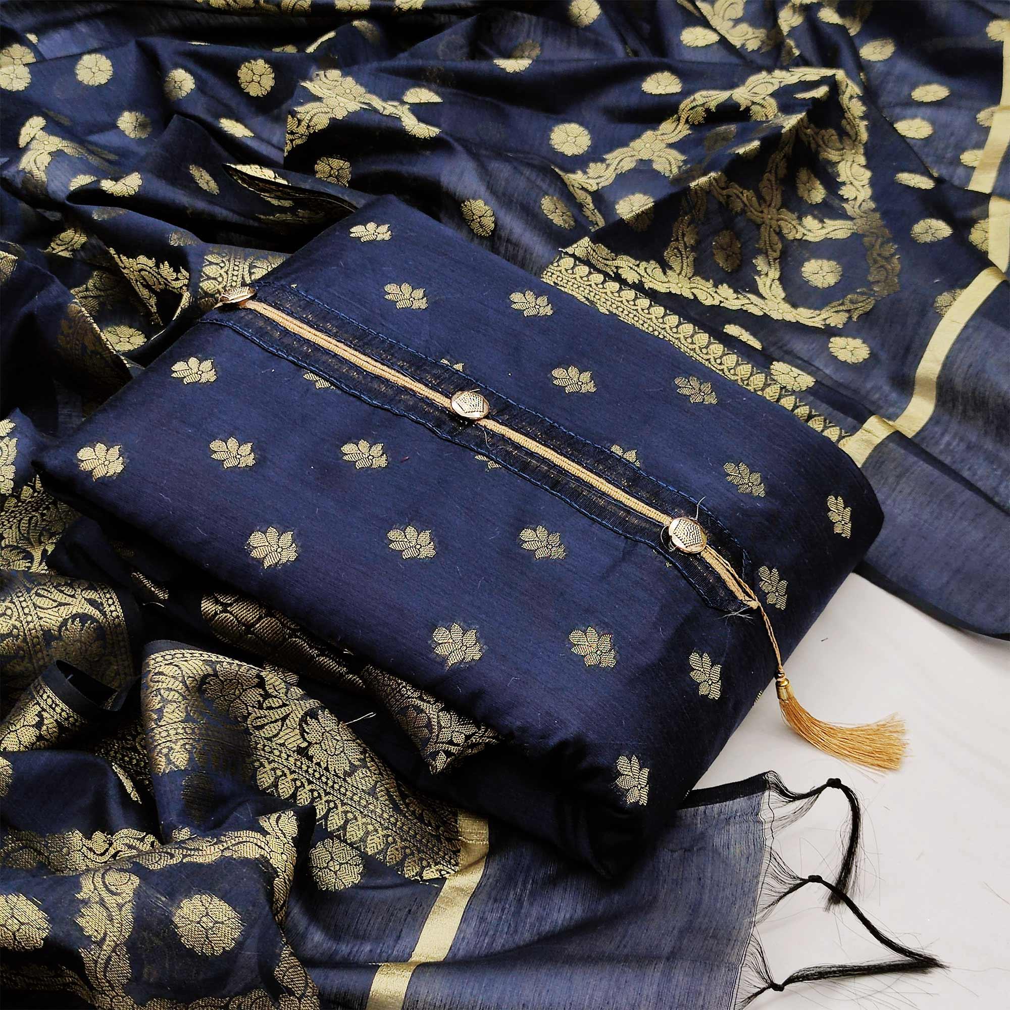 Blooming Navy Blue Colored Festive Wear Woven Heavy Banarasi Silk Dress Material - Peachmode