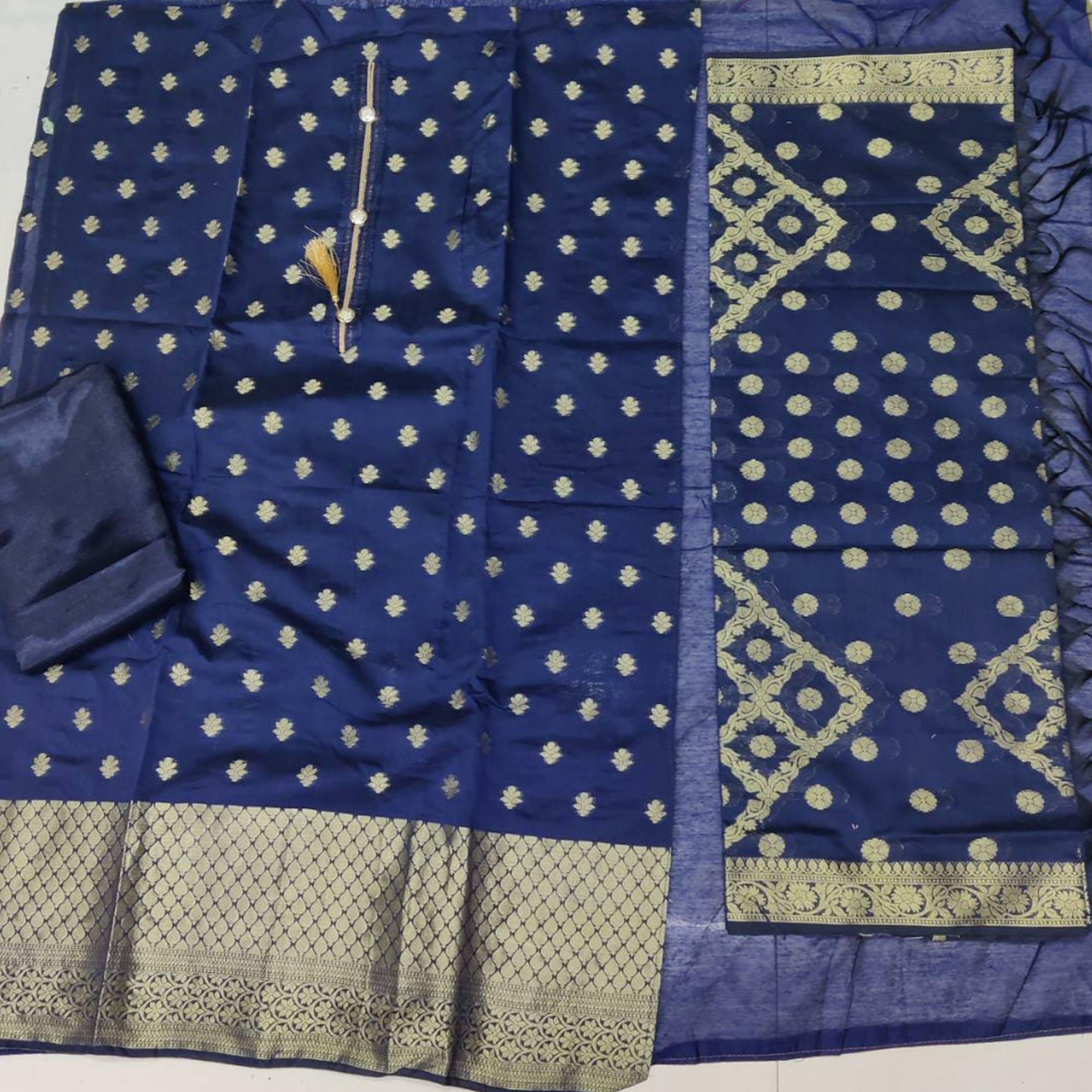 Blooming Navy Blue Colored Festive Wear Woven Heavy Banarasi Silk Dress Material - Peachmode