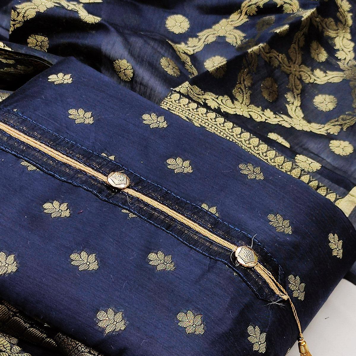 Blooming Navy Blue Colored Festive Wear Woven Heavy Banarasi Silk Dress Material - Peachmode