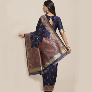 Blooming Navy Blue Colored Festive Wear Woven Silk Blend Saree - Peachmode