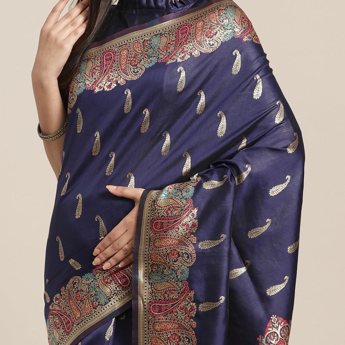 Blooming Navy Blue Colored Festive Wear Woven Silk Blend Saree - Peachmode