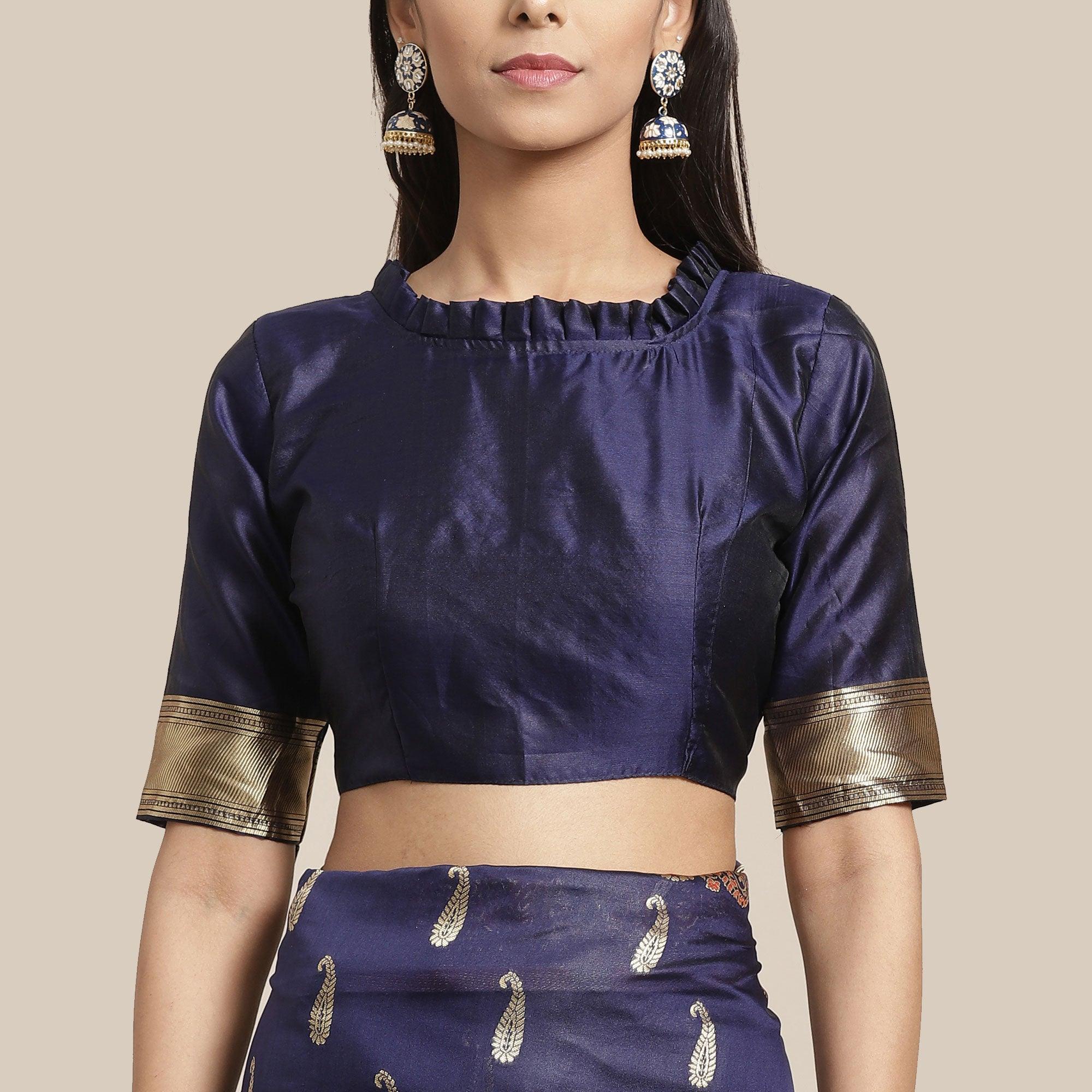 Blooming Navy Blue Colored Festive Wear Woven Silk Blend Saree - Peachmode