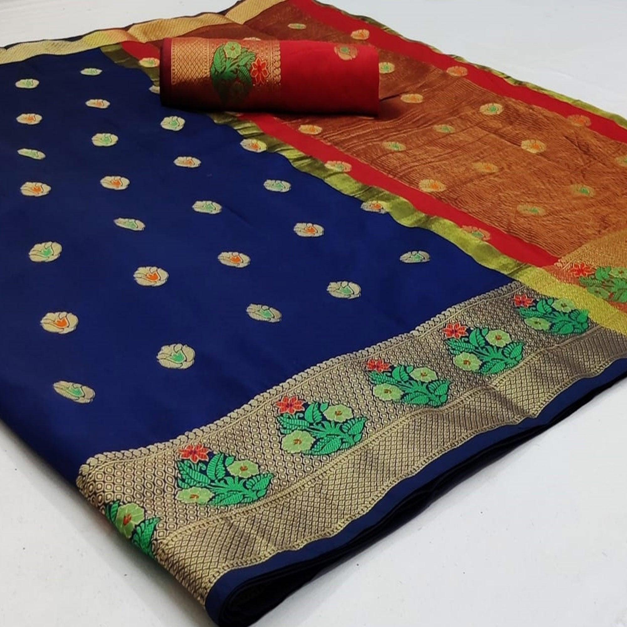 Blooming Navy Blue Colored Festive Wear Woven Soft Silk Saree - Peachmode