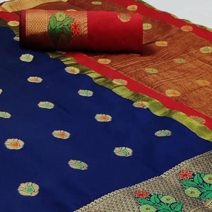 Blooming Navy Blue Colored Festive Wear Woven Soft Silk Saree - Peachmode