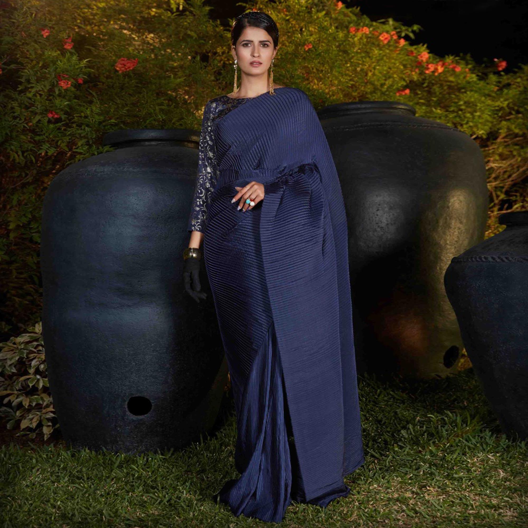 Blooming Navy Blue Colored Party Wear Plitting Work Silk Saree - Peachmode