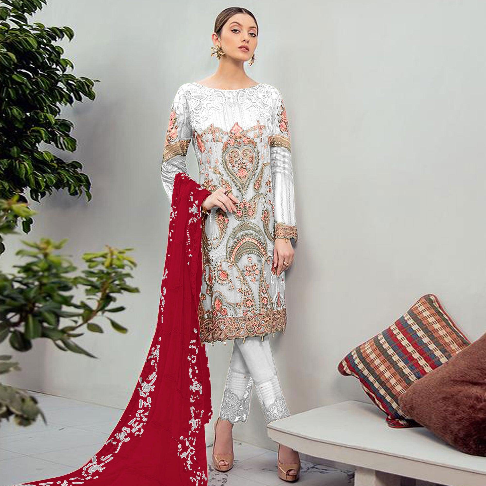 Blooming Offwhite Colored Partywear Embroidered Georgette Staright Suit - Peachmode