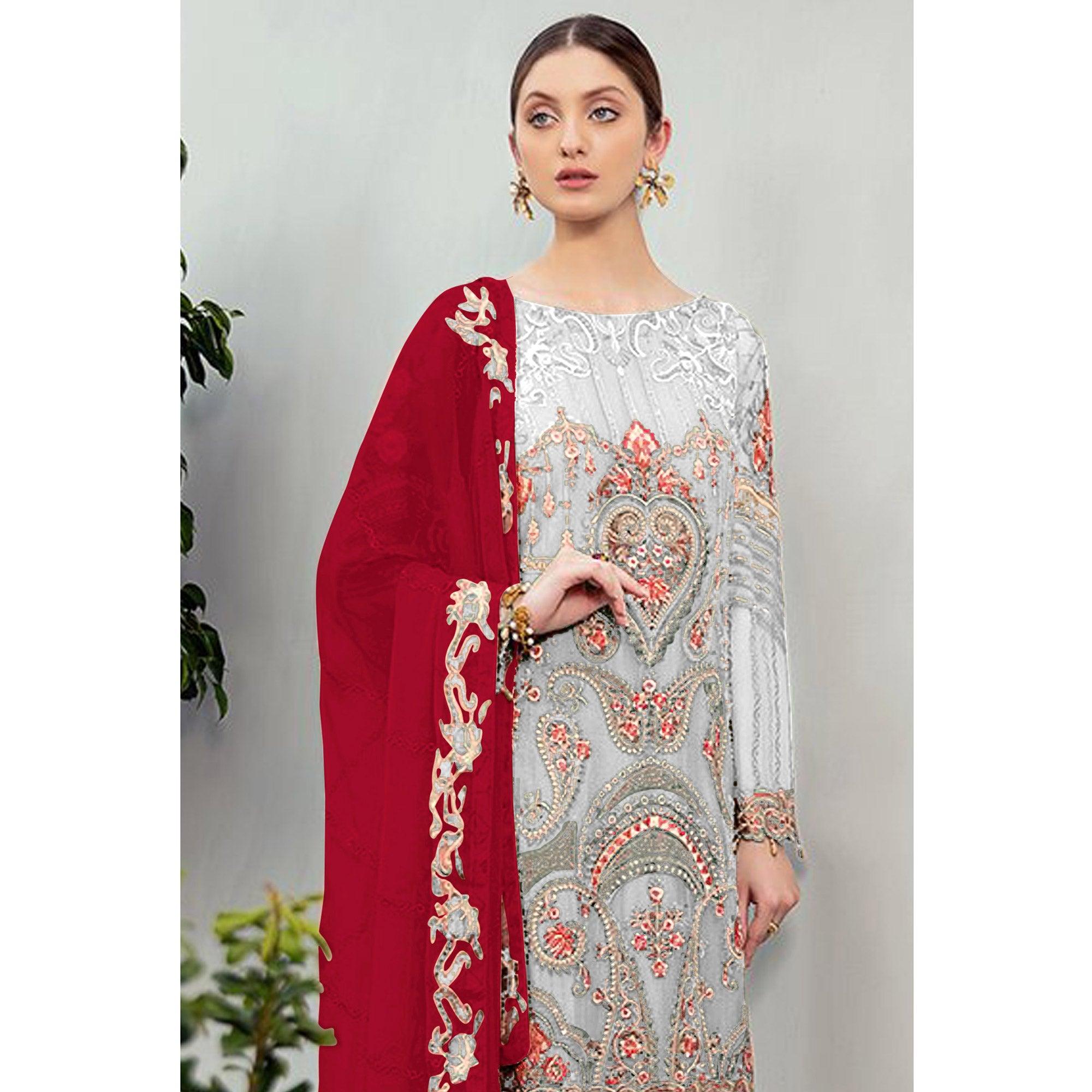 Blooming Offwhite Colored Partywear Embroidered Georgette Staright Suit - Peachmode