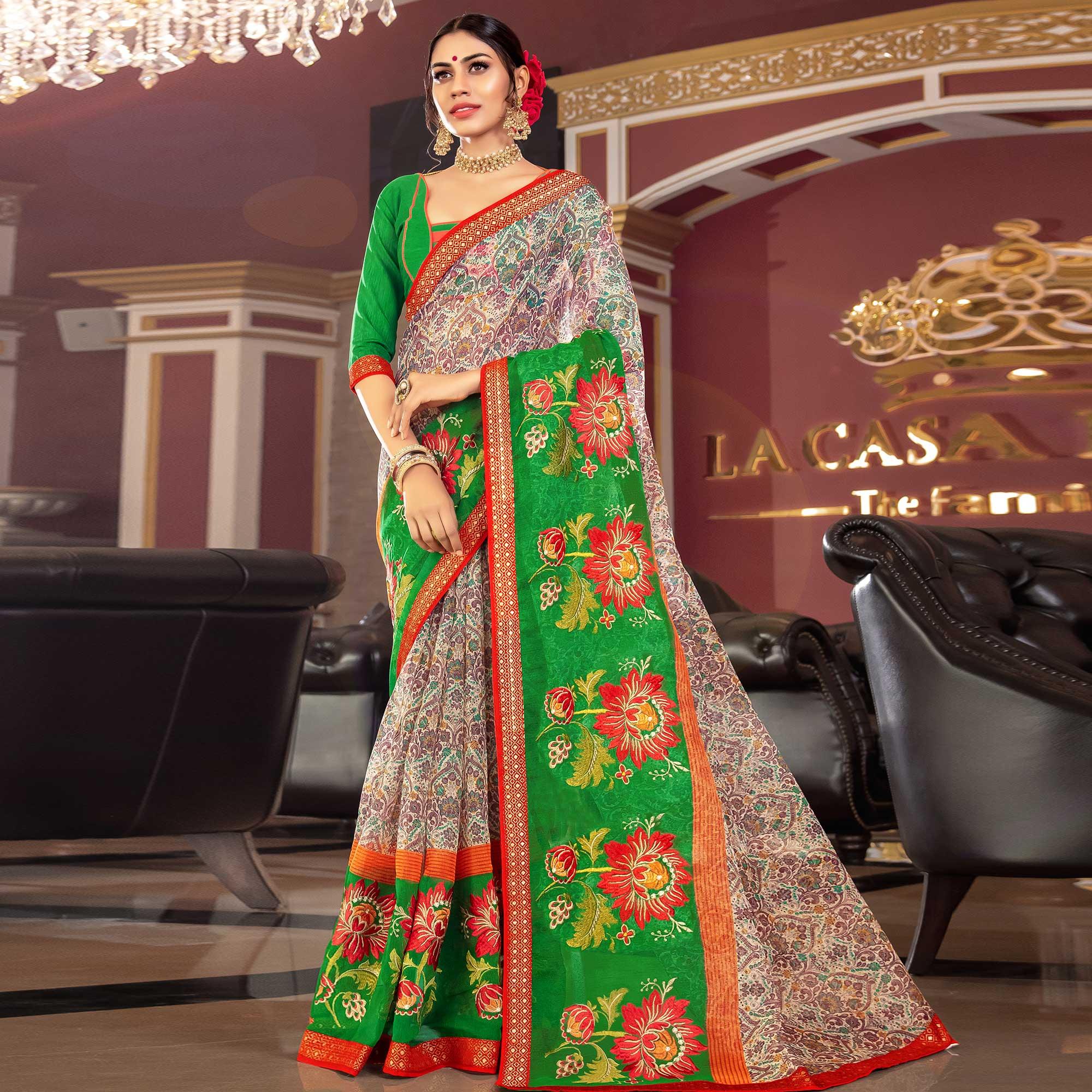 Blooming Offwhite - Green Colored Partywear Embroidered Silk Saree - Peachmode