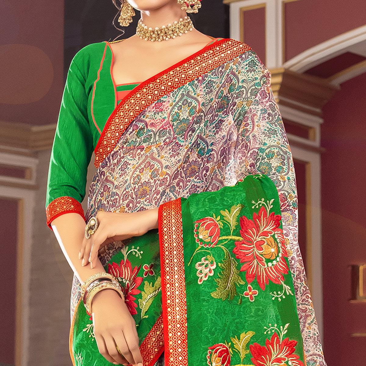 Blooming Offwhite - Green Colored Partywear Embroidered Silk Saree - Peachmode