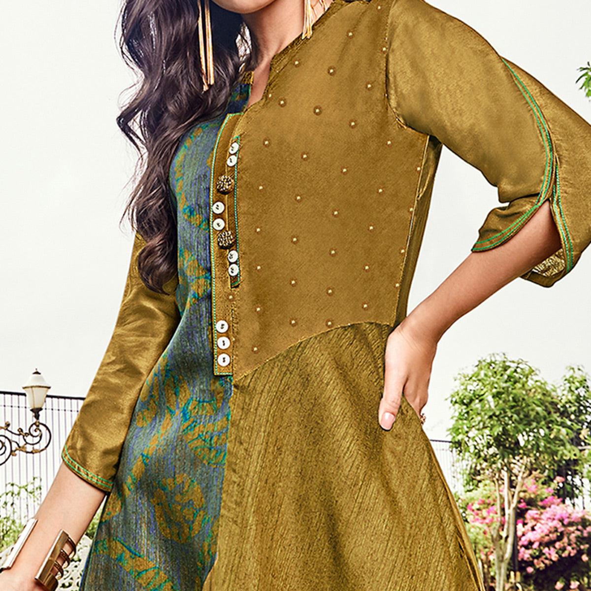 Blooming Olive Green Colored Party Wear Printed Modal-Jacquard Long Kurti - Peachmode