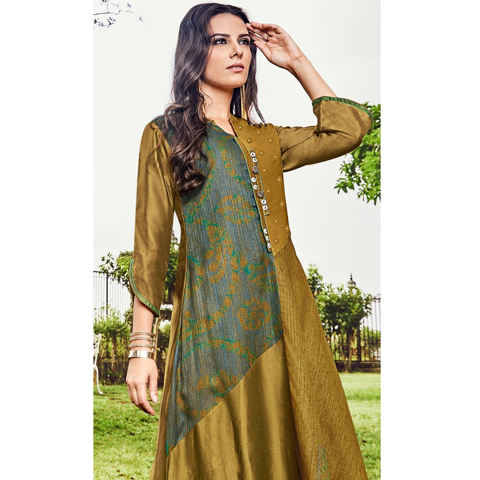 Blooming Olive Green Colored Party Wear Printed Modal-Jacquard Long Kurti - Peachmode