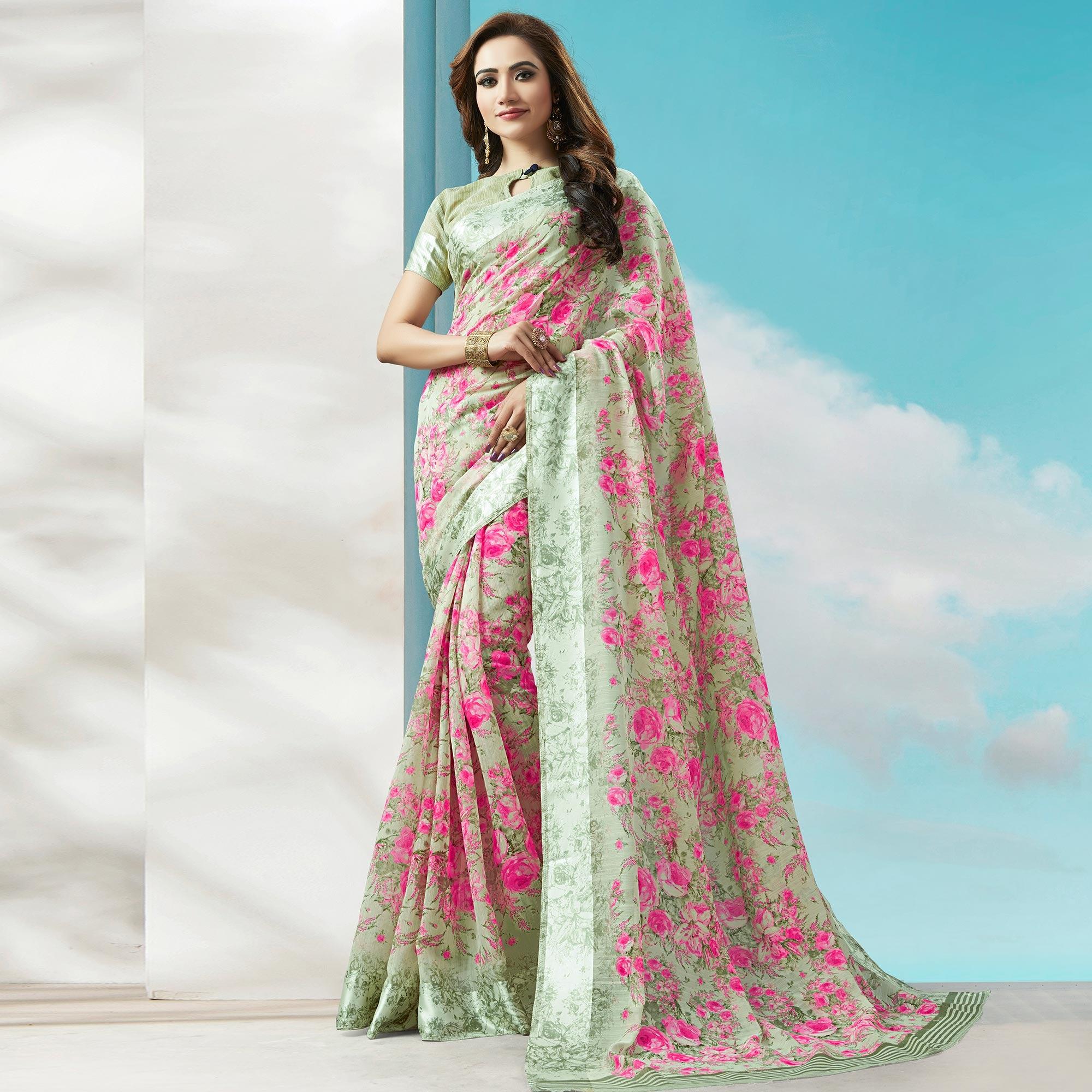 Blooming Olive Green-Pink Colored Casual Wear Printed Cotton Silk Saree - Peachmode