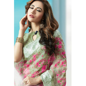 Blooming Olive Green-Pink Colored Casual Wear Printed Cotton Silk Saree - Peachmode