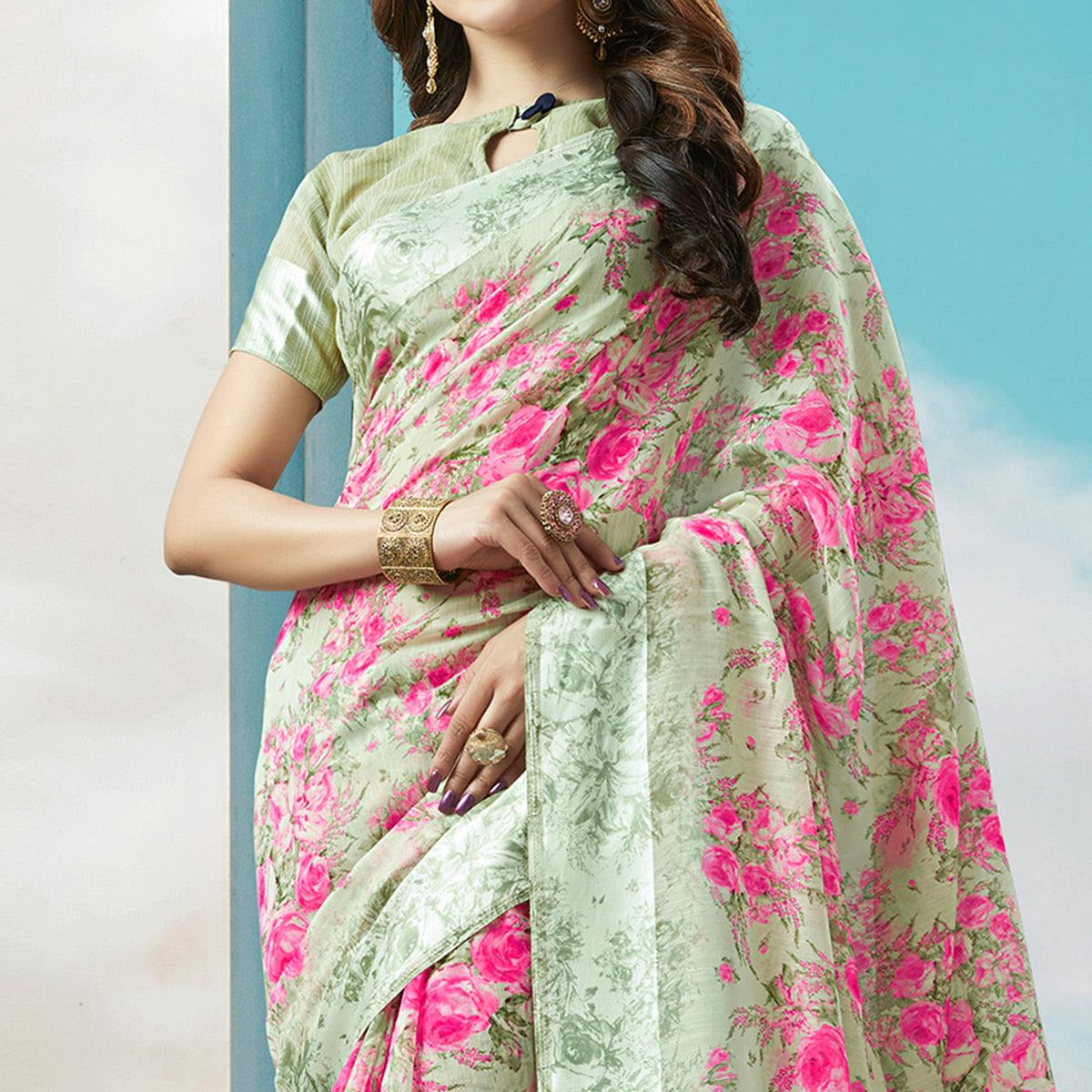 Blooming Olive Green-Pink Colored Casual Wear Printed Cotton Silk Saree - Peachmode
