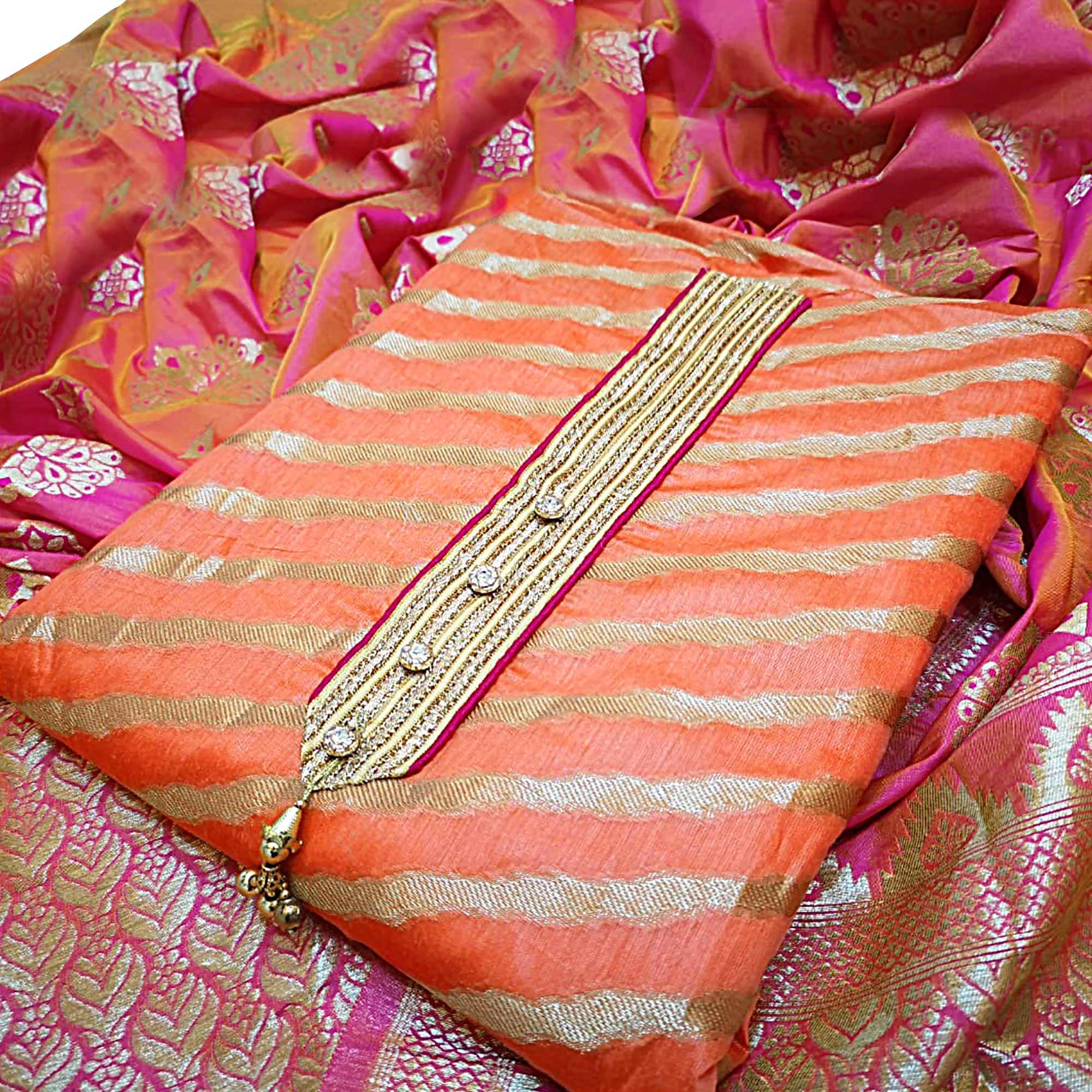Blooming Orange Colored Festive Wear Jacquard Silk Dress Material - Peachmode