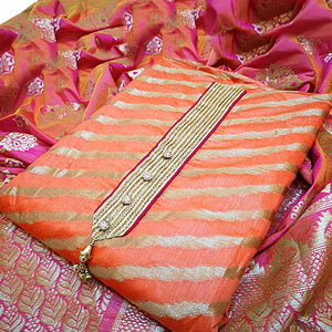 Blooming Orange Colored Festive Wear Jacquard Silk Dress Material - Peachmode