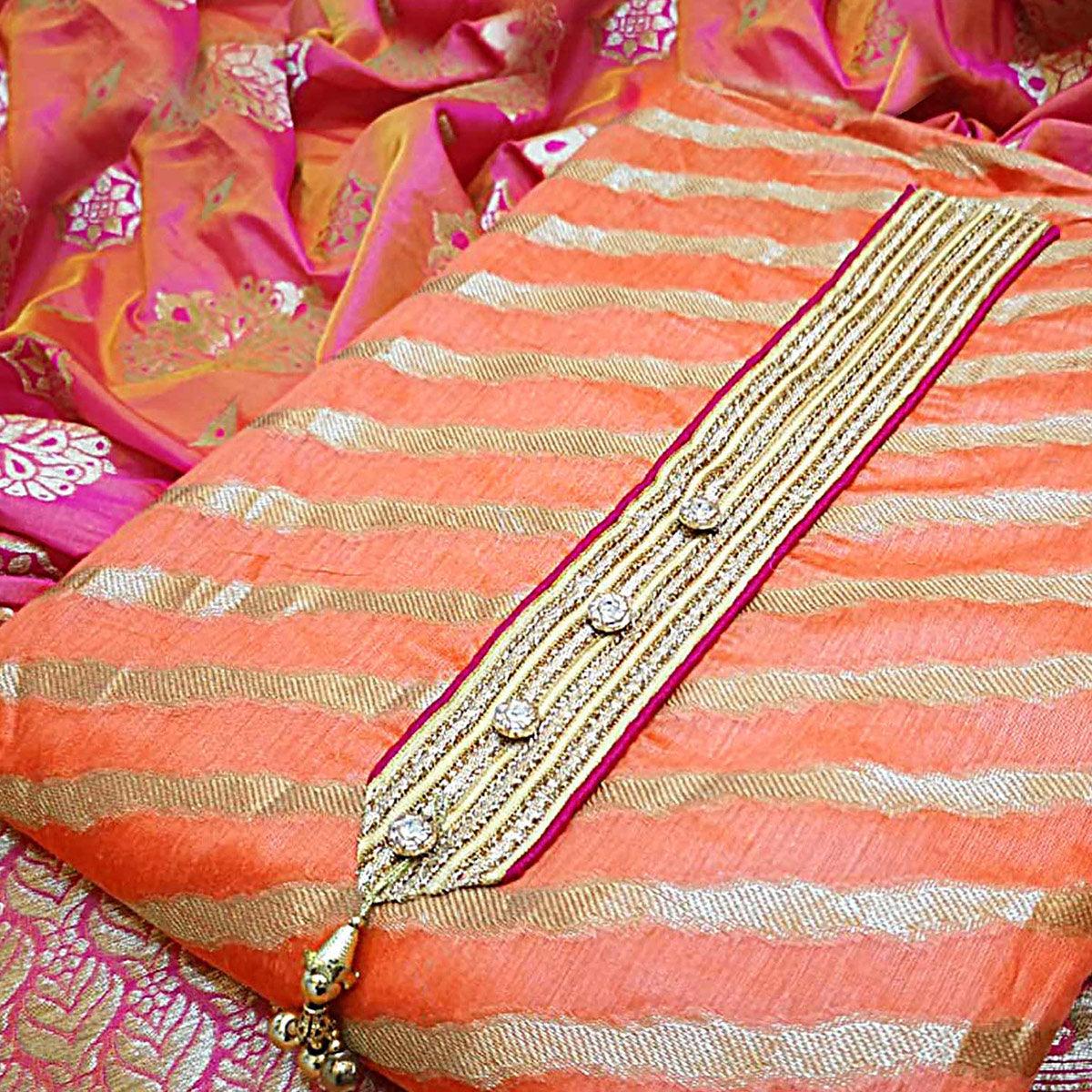 Blooming Orange Colored Festive Wear Jacquard Silk Dress Material - Peachmode