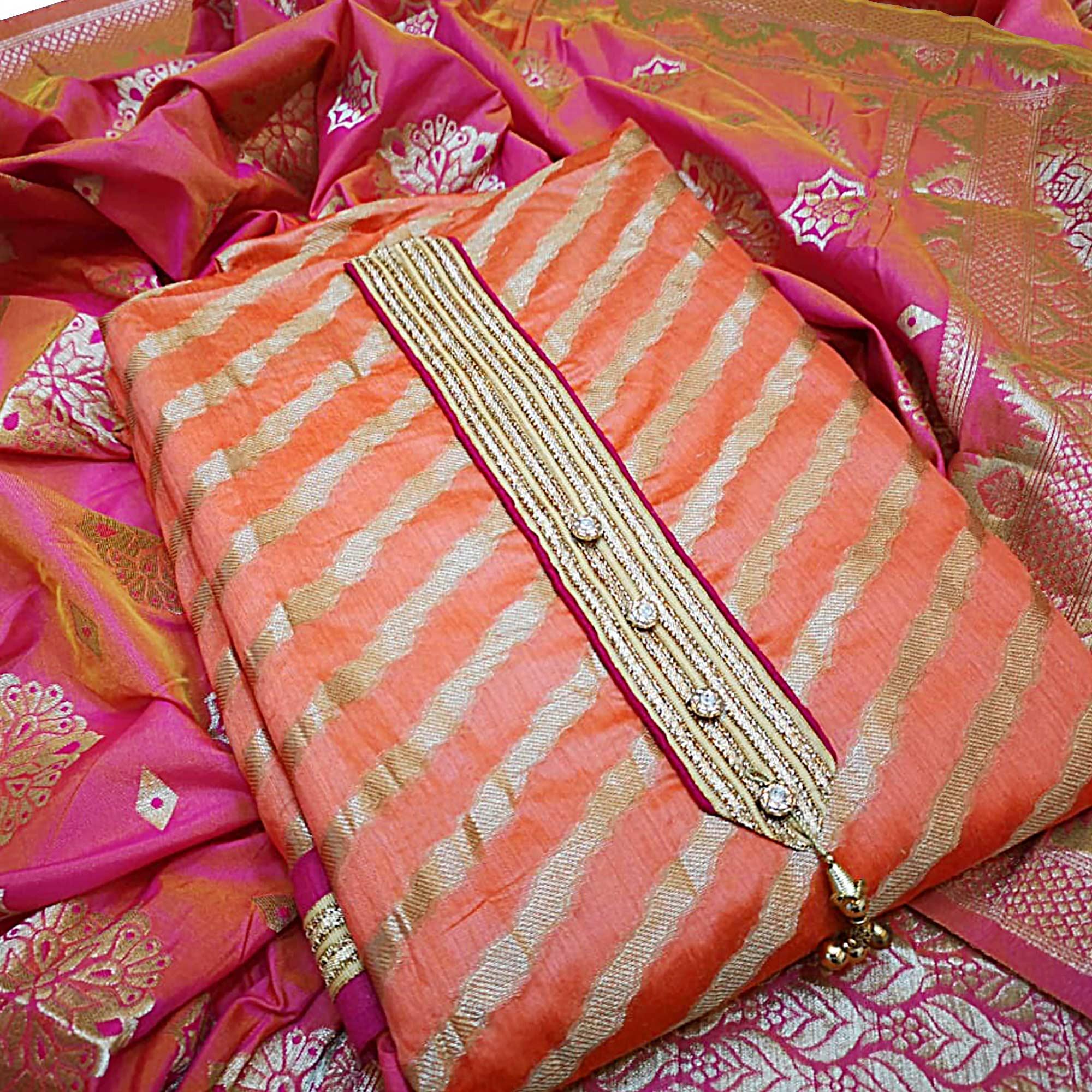Blooming Orange Colored Festive Wear Jacquard Silk Dress Material - Peachmode