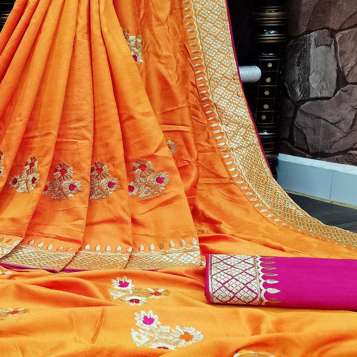 Blooming Orange Colored Festive Wear Woven Dola Silk Saree - Peachmode