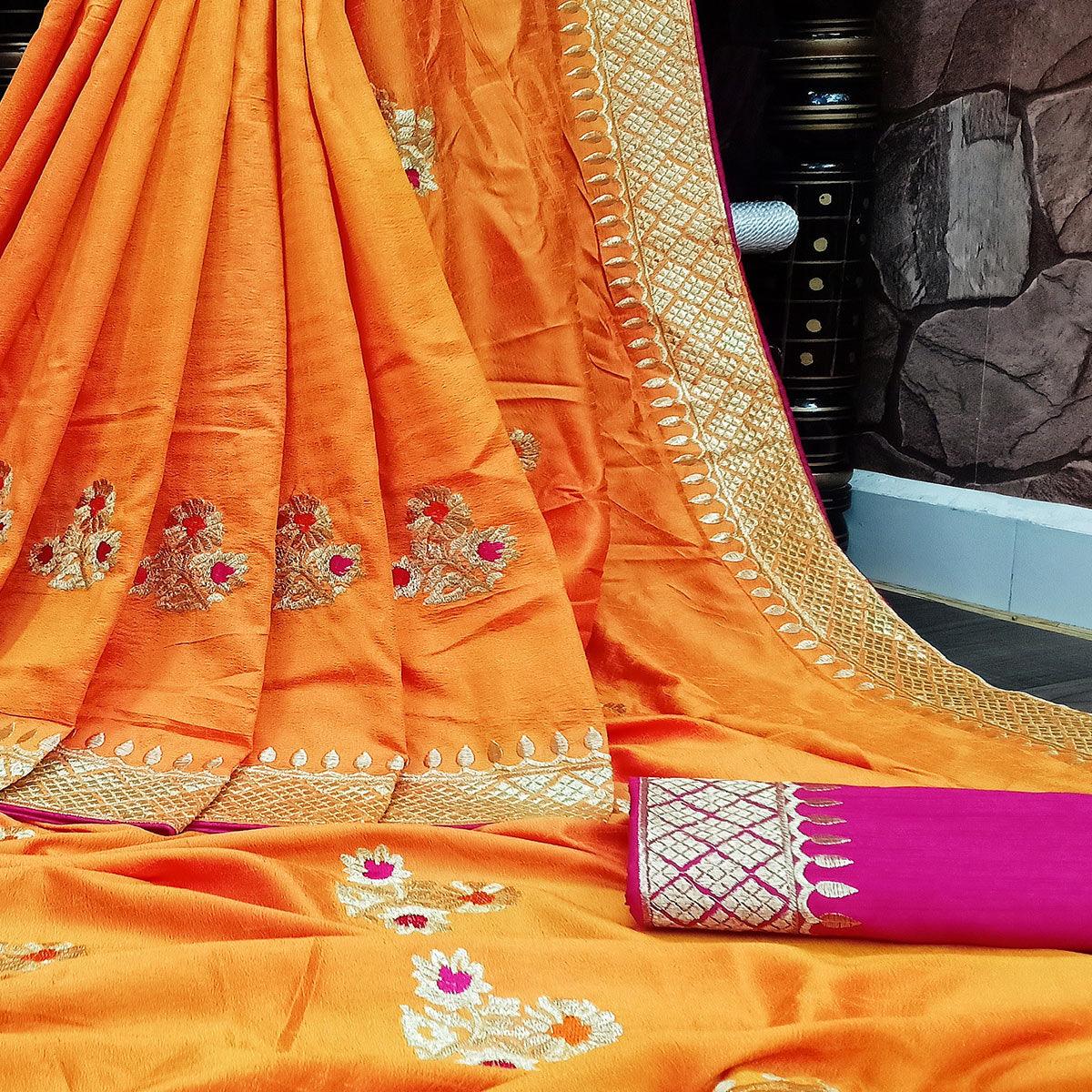 Blooming Orange Colored Festive Wear Woven Dola Silk Saree - Peachmode