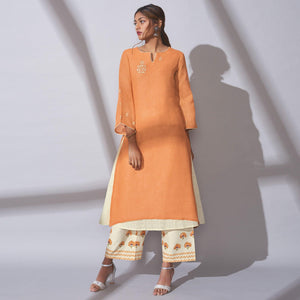 Blooming Orange Colored Party Wear Embroidered Khadi Cotton Kurti-Palazzo Set - Peachmode