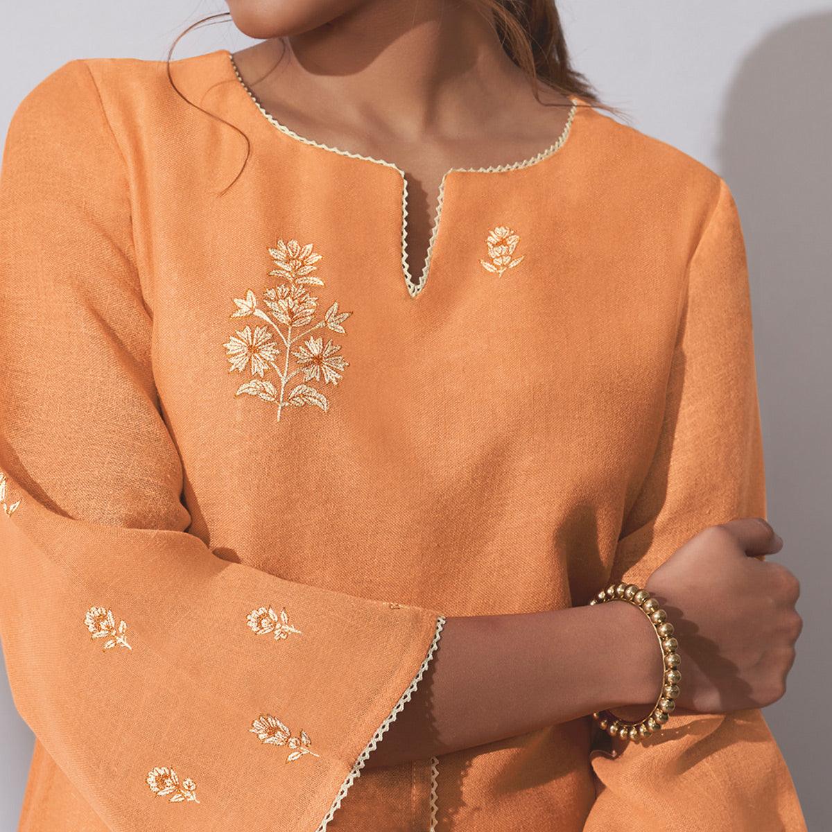 Blooming Orange Colored Party Wear Embroidered Khadi Cotton Kurti-Palazzo Set - Peachmode
