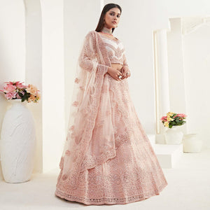 Blooming Peach Colored Cording Embroidery Wedding Wear Net Lehenga Choli - Peachmode