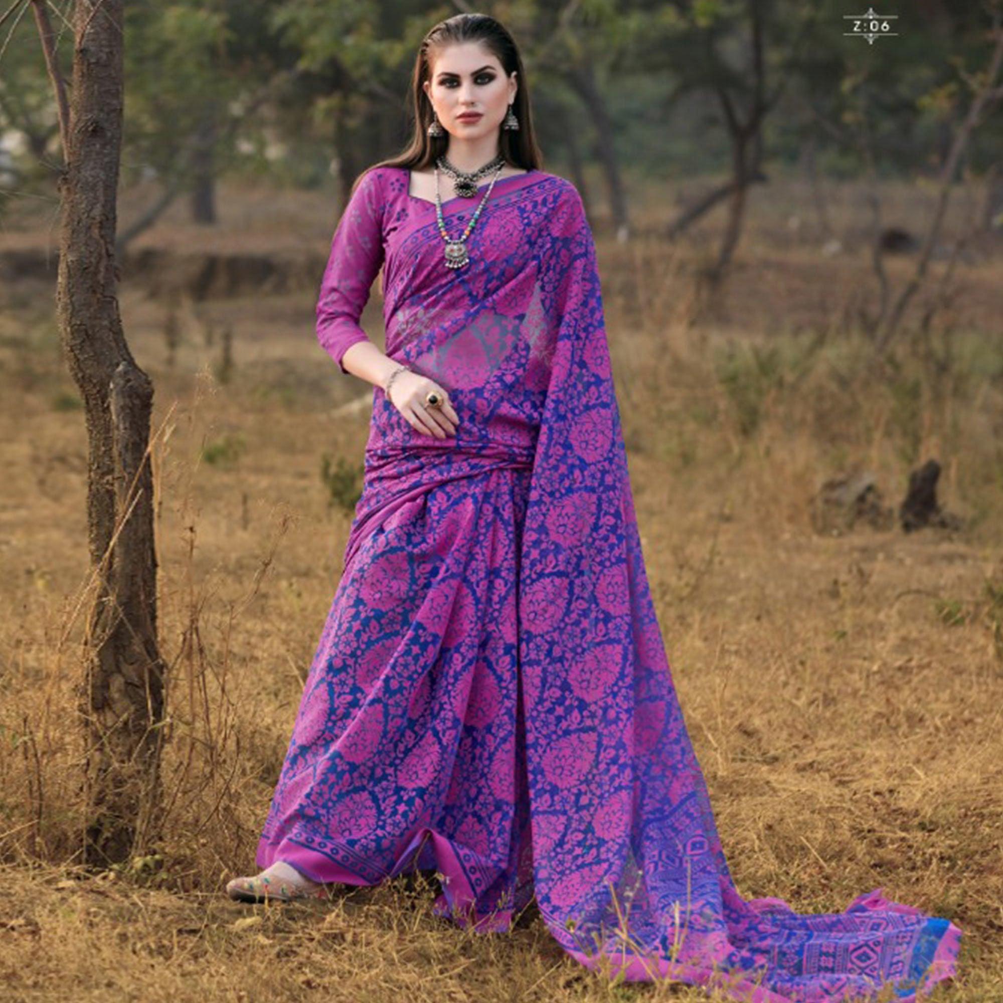 Blooming Pink & Blue Colored Casual Wear Printed Brasso Saree - Peachmode