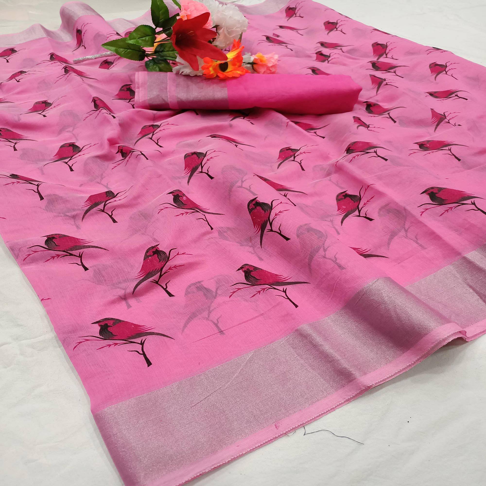 Blooming Pink Colored Casual Wear Sparrow Block Printed Cotton Linen Saree - Peachmode