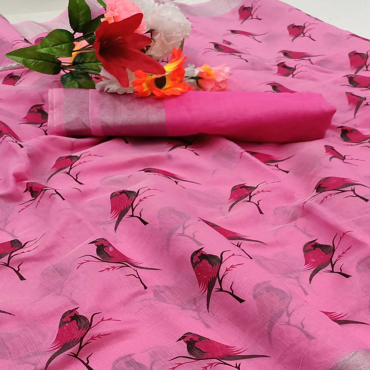 Blooming Pink Colored Casual Wear Sparrow Block Printed Cotton Linen Saree - Peachmode