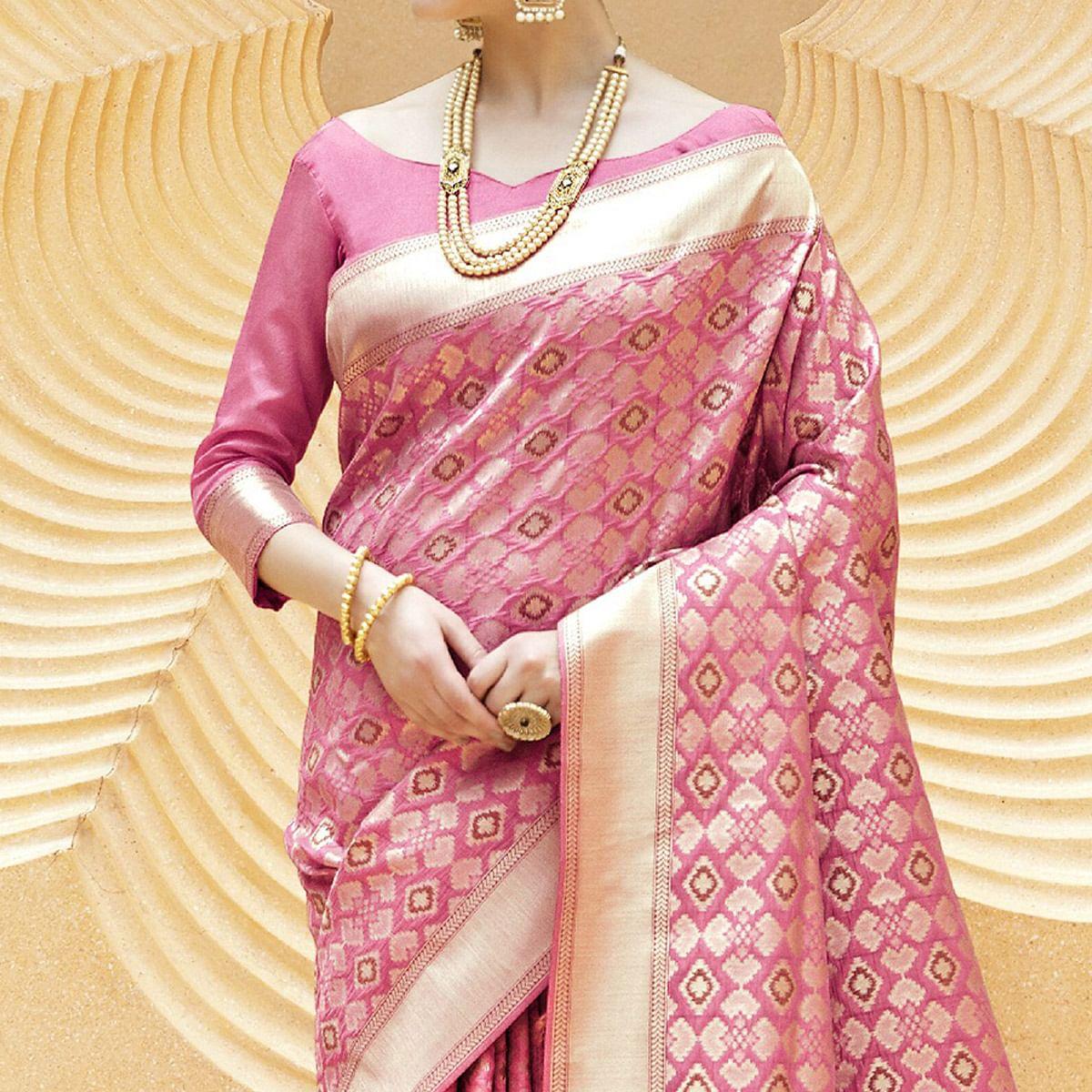 Blooming Pink Colored Festive Wear Printed Silk Saree - Peachmode