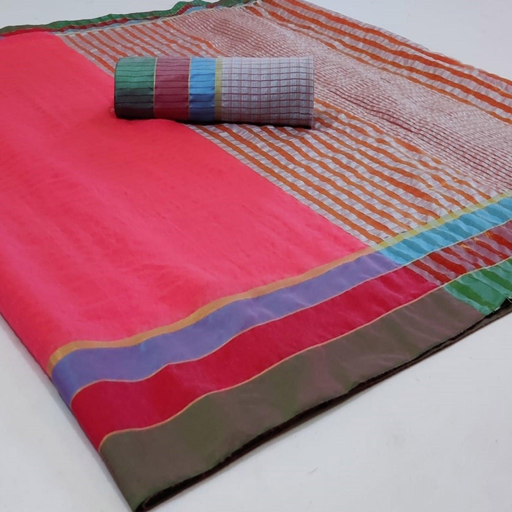Blooming Pink Colored Festive Wear Woven Cotton Saree - Peachmode