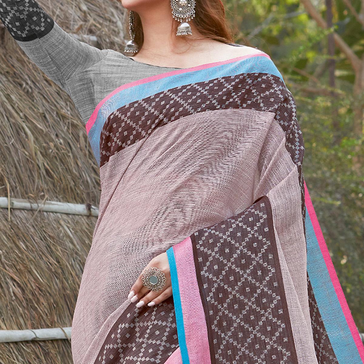Blooming Pink Colored Festive Wear Woven Linen Saree - Peachmode
