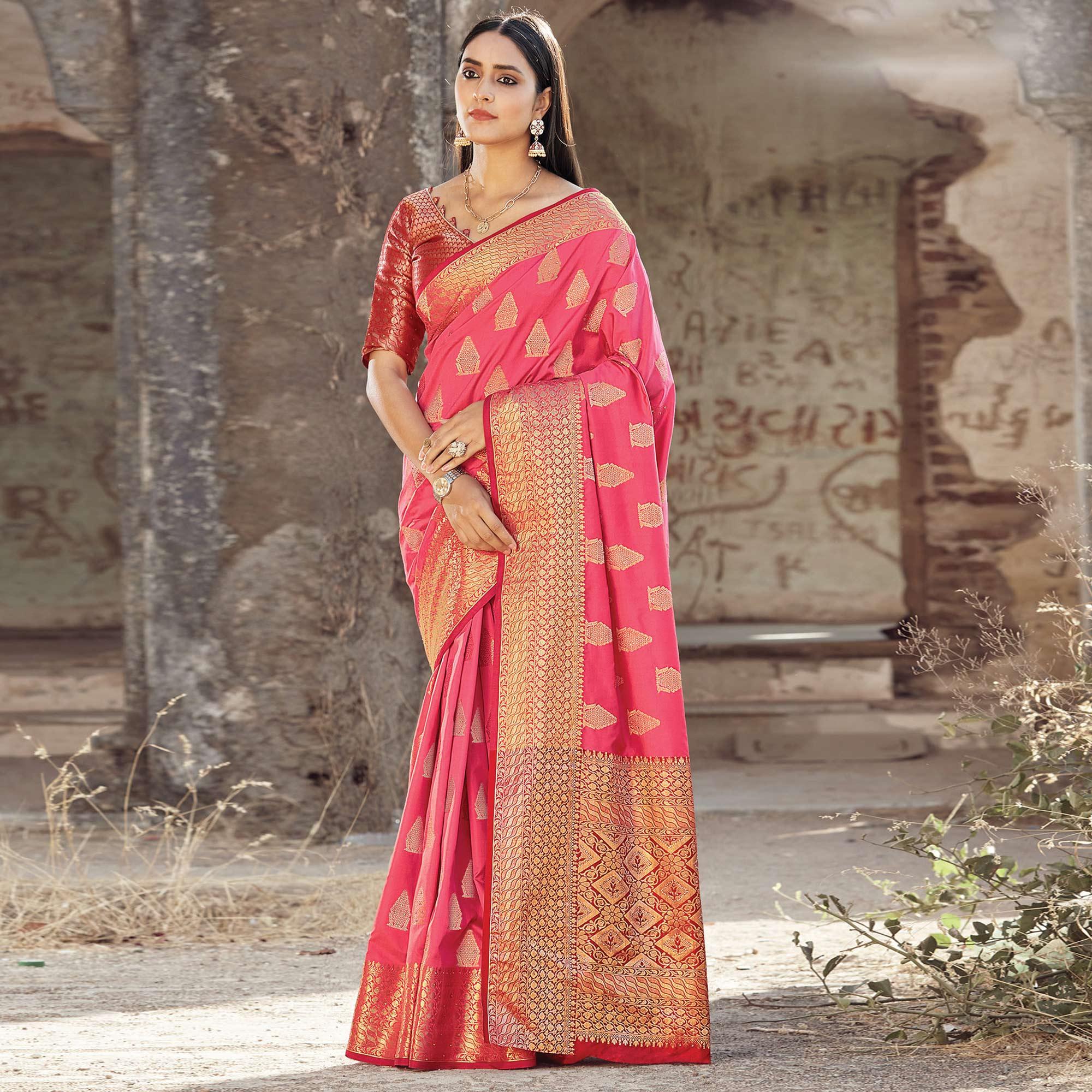 Blooming Pink Colored Festive Wear Woven Silk Saree - Peachmode