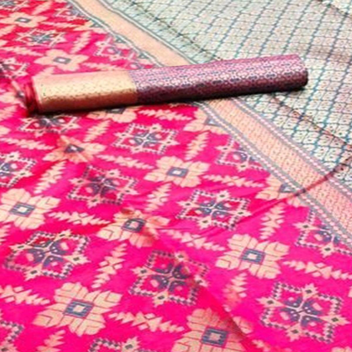 Blooming Pink Colored Festive Wear Woven Silk Saree - Peachmode